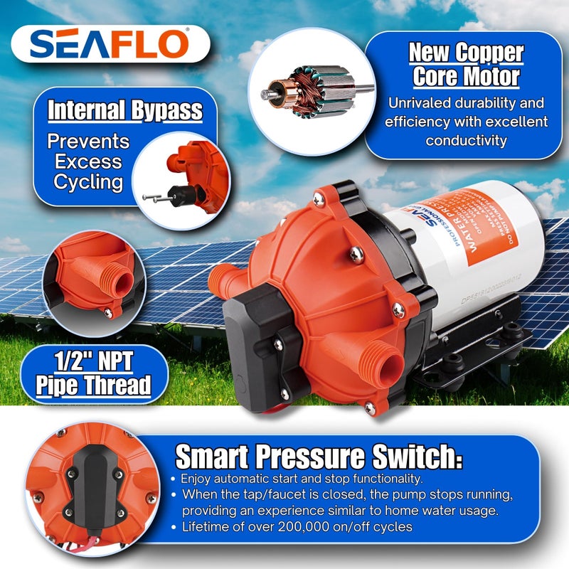 SEAFLO مضخة ديابراجم SEAFLO 55-Series - 12 فولت تيار مستمر، 5.5 جالون في الدقيقة، 60 PSI مع مفتاح ضغط ثقيل | ذاتية التحضير، تشغيل هادئ، ضمان 4 سنوات | مثالية للمركبات الترفيهية، البحرية، وأنظمة المياه خارج الشبكة - Image 4
